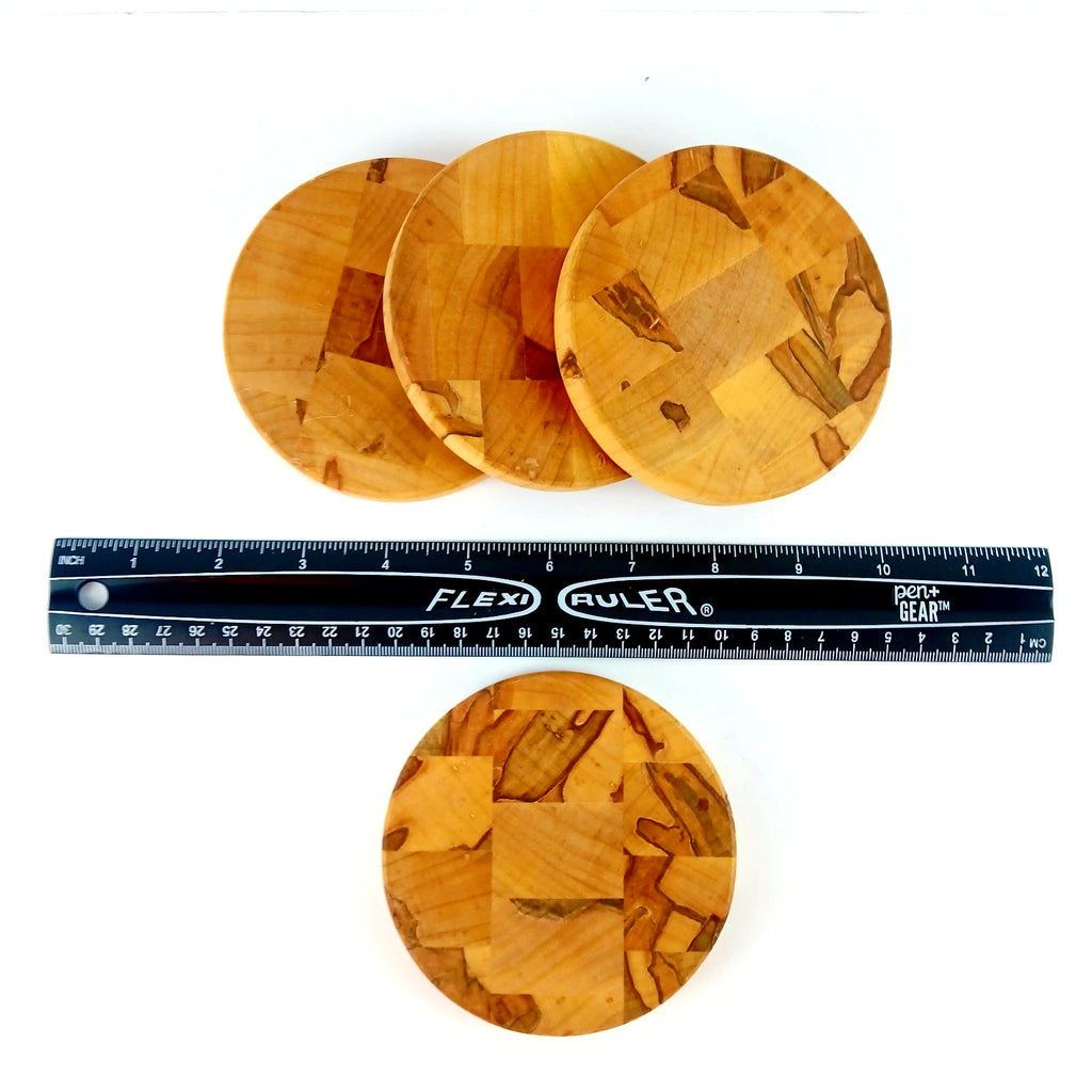 Set 4 Natural Wood Coasters Butcher Block Style 4" Round - 1/2" Thick Nice