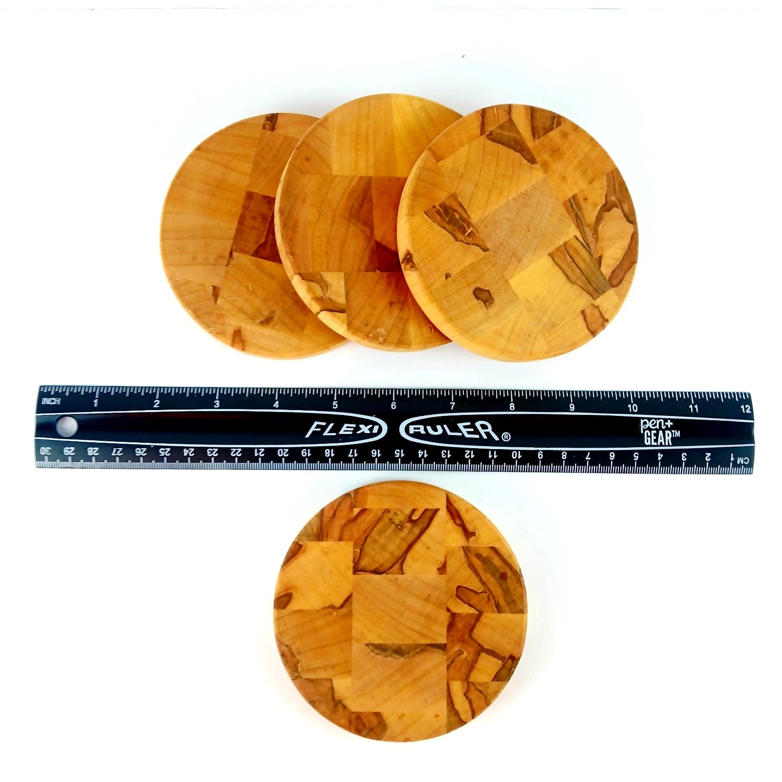 Set 4 Natural Wood Coasters Butcher Block Style 4" Round - 1/2" Thick Nice