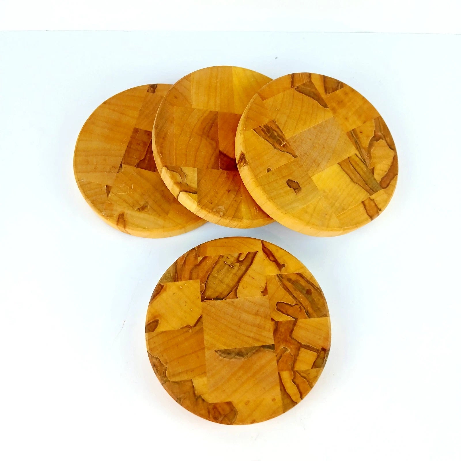 Set 4 Natural Wood Coasters Butcher Block Style 4" Round - 1/2" Thick Nice