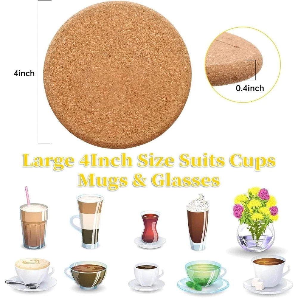 Natural Round Cork Coasters 4 inch Set of 4 Absorbent Heat Resistant Reusable