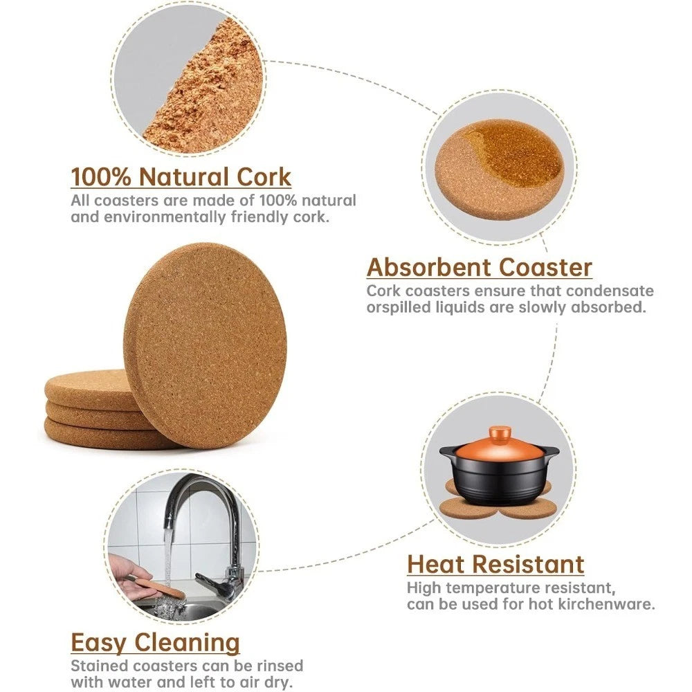 Natural Round Cork Coasters 4 inch Set of 4 Absorbent Heat Resistant Reusable