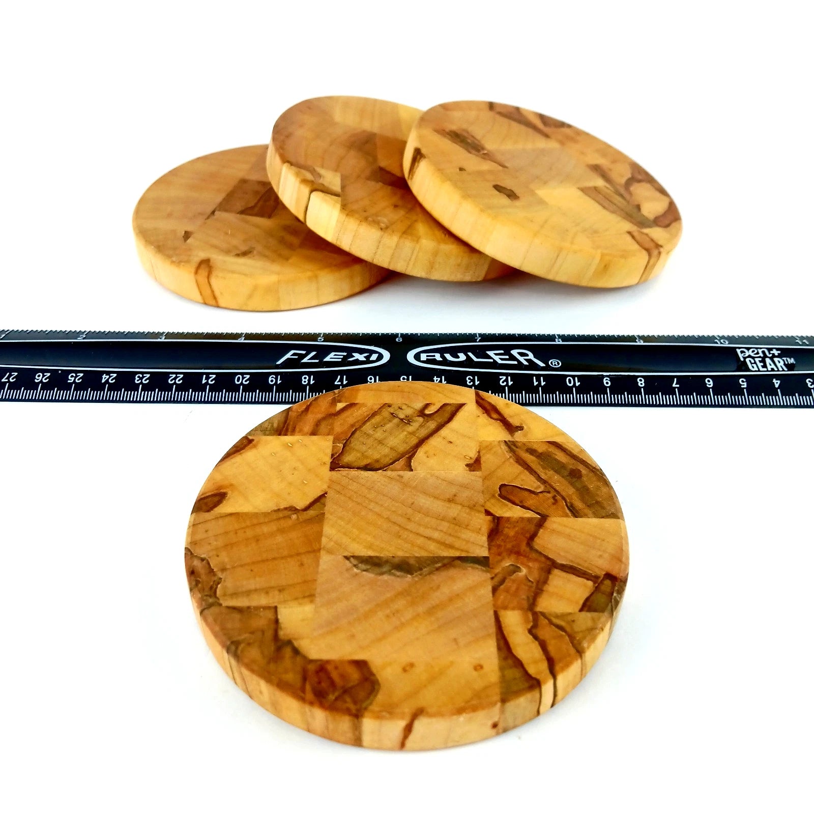 Set 4 Natural Wood Coasters Butcher Block Style 4" Round - 1/2" Thick Nice