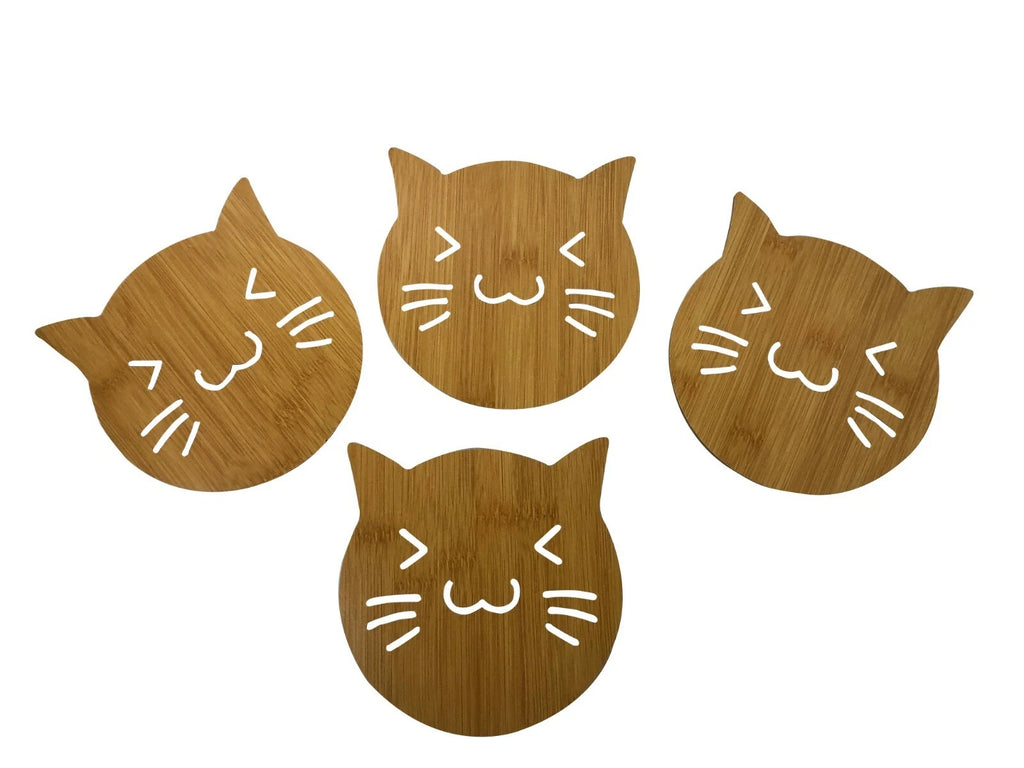 Set Of 4 Wooden Coaster 5.5 inches x 5.5 inches - Smiling Cat