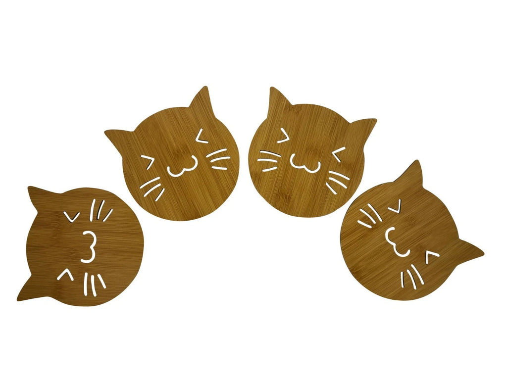 Set Of 4 Wooden Coaster 5.5 inches x 5.5 inches - Smiling Cat