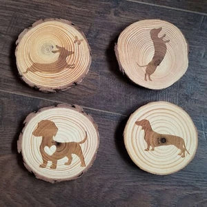 Weiner Dog Dachshund Doxin Laser Engraved Wood 4pc Coaster Set Rustic Wood Slice